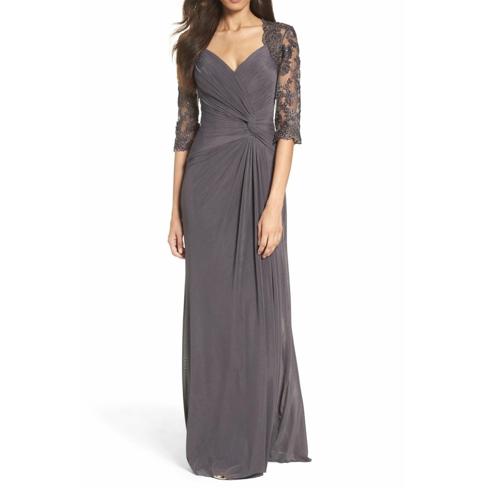 NEW LA FEMME Ruched Twist‎ Column GOWN DRESS SIZE 20 $438 GUNMETAL Gown
